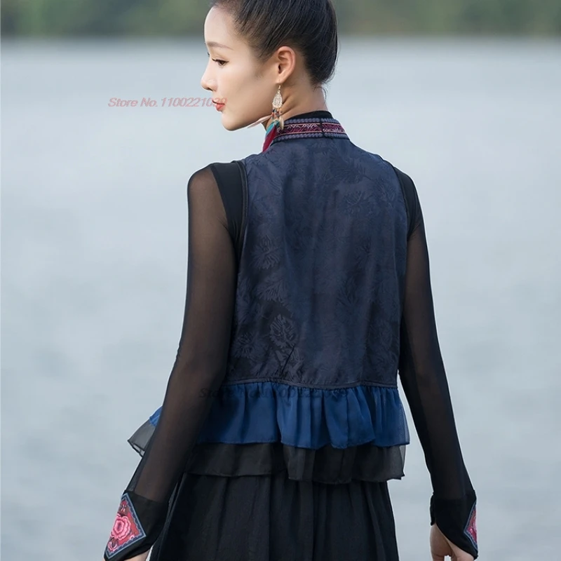 2024 flower embroidery lace patchwork chinese folk vest traditional oriental ethnic casual gilet retro sleeveless waistcoat vest