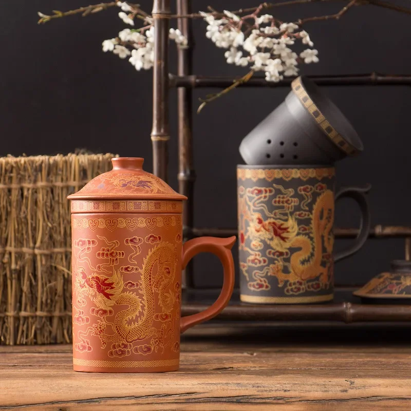 Retro Yixing Dragon Phenix Purple Clay Tea Mug with Lid Handmade Infuser Ceramic Teacup Office Water Cup Gift Home Drinkware