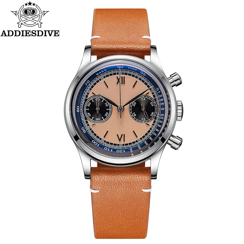 

ADDIESDIVE 38mm Business Chronograph Watch Retro Leather 100m Diving VK64 NEW Men's Quartz Wristwatch Fashion Black Dial Watches