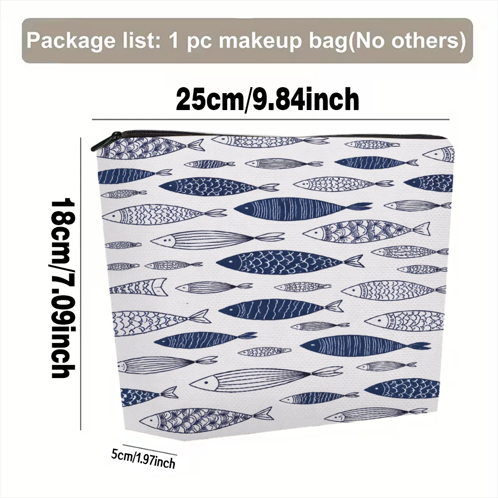 Fish Pattern Blue White Design Makeup Bags for Girls Cosmetic Pouch Toiletry Bag Pencil Case Travel Storage