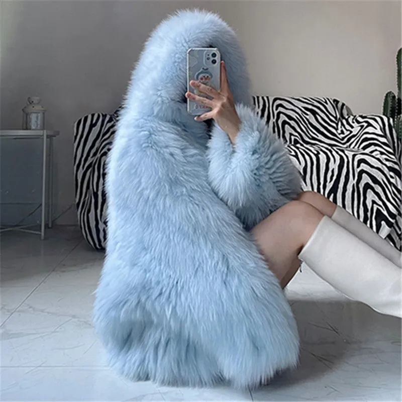 

New woolen braided hooded long-sleeved and form-fitting mixed fur coat for women