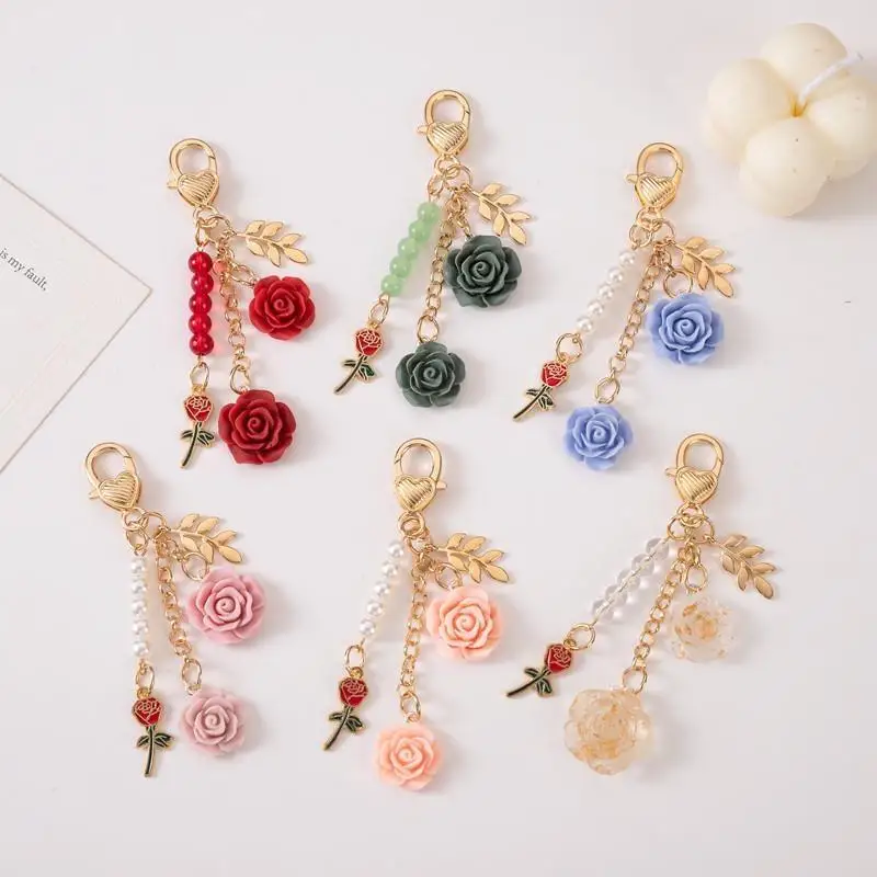 1Pcs Earphone Case Handbag Accessories Ins 3D Rose Resin Camellia Pendant Key Chain Pearl Alloy For Women Car Key Holder