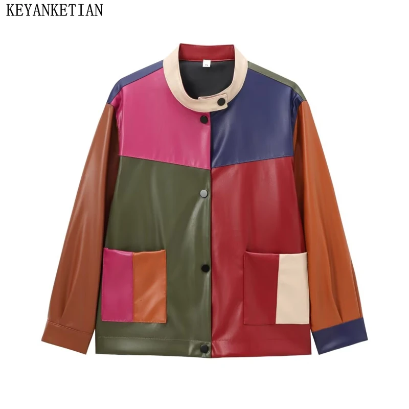 KEYANKETIAN 2024 Autumn/Winter New Women's Imitation leather shirt jacket Color Matching Patchwork Vintage Buttons Short Blazer