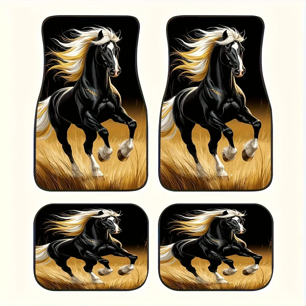 4pcs Black Galloping Horse Print Car Mats | Elegant Mercedes Element, Universal Fit, Polyester Fiber, Interior Upgrade