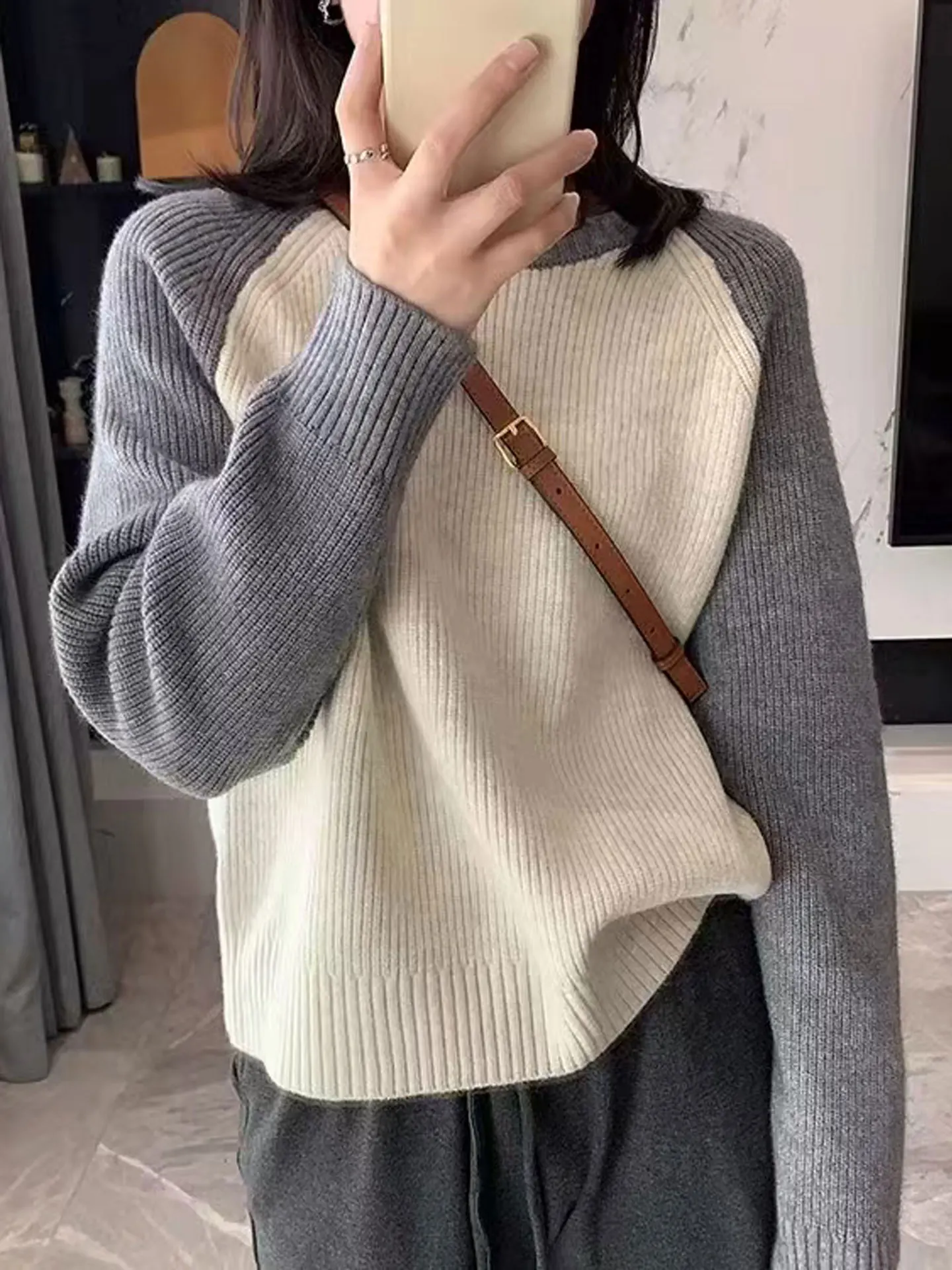 Winter color matching 100% pure cashmere sweater women's high-end thick autumn and winter contrast soft waxy bottoming sweater
