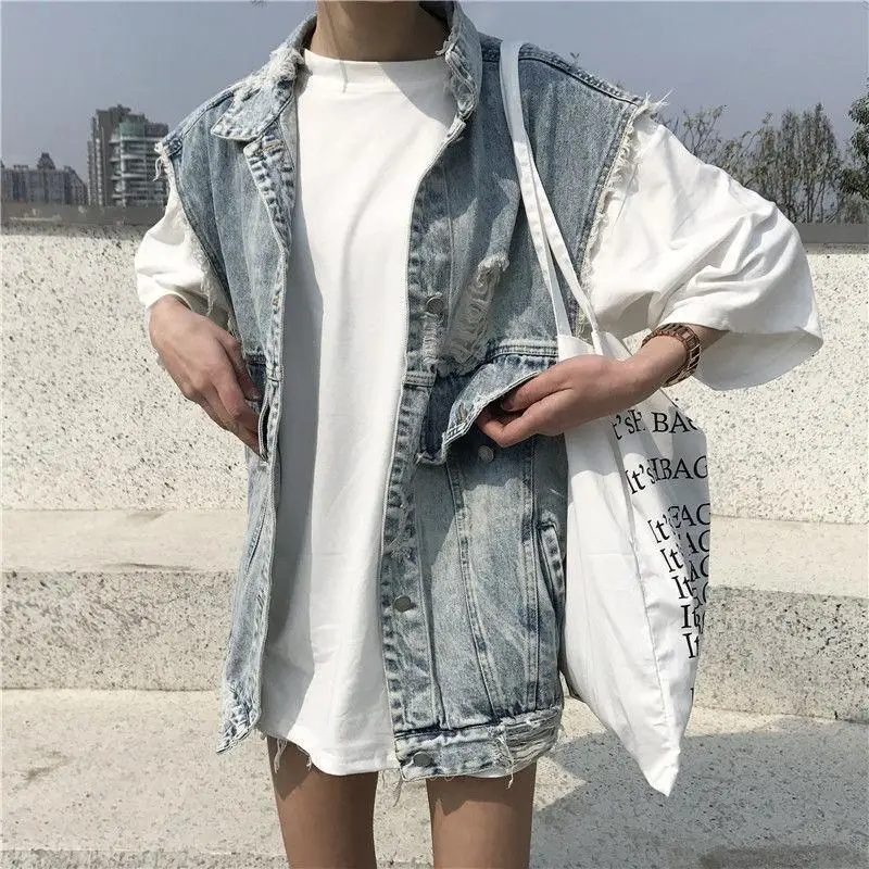 

Spring Summer Autumn Women's Ripped Denim Vest Sleeveless Top Coat Korean Fashion Streetwear Retro Loose Student Jacket New