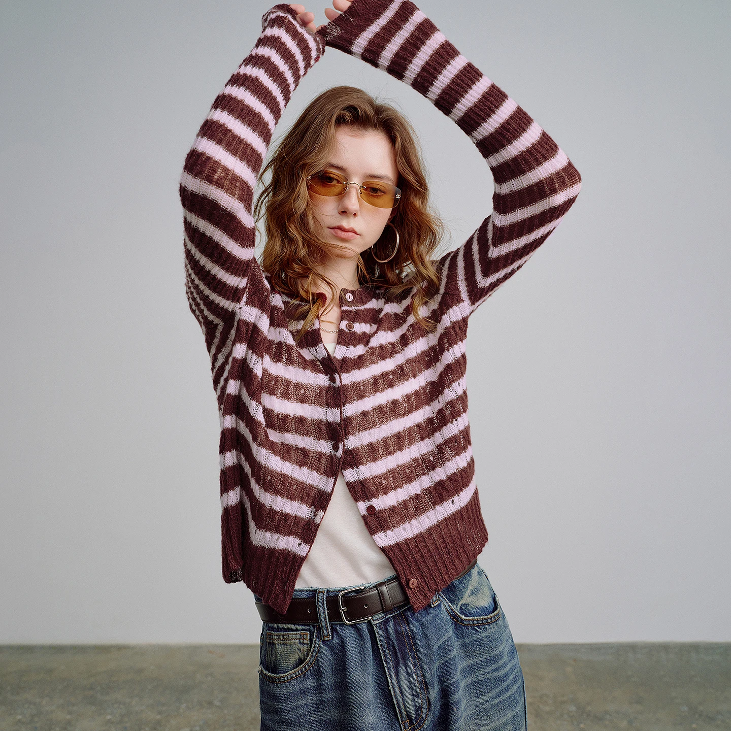TOYOUTH Women Knits 2026 Spring New Mohair-Blend Wool-Infused Color-Block Striped Short Soft Cardigan
