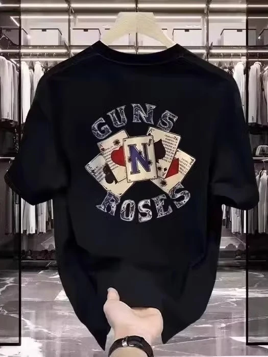 ルーズフィットコットン-tシャツメンズレトロポーカープリントショートスリーブカジュアルトップ通気性のある夏服ユースファッションストリートスタイル