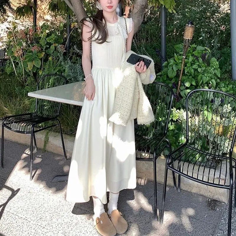 

Korean Sleeveless Patchwork Dresses Summer Stylish Drawstring Bow Women's Clothing Flying Sleeve Sweet A-Line Basic Long Dress