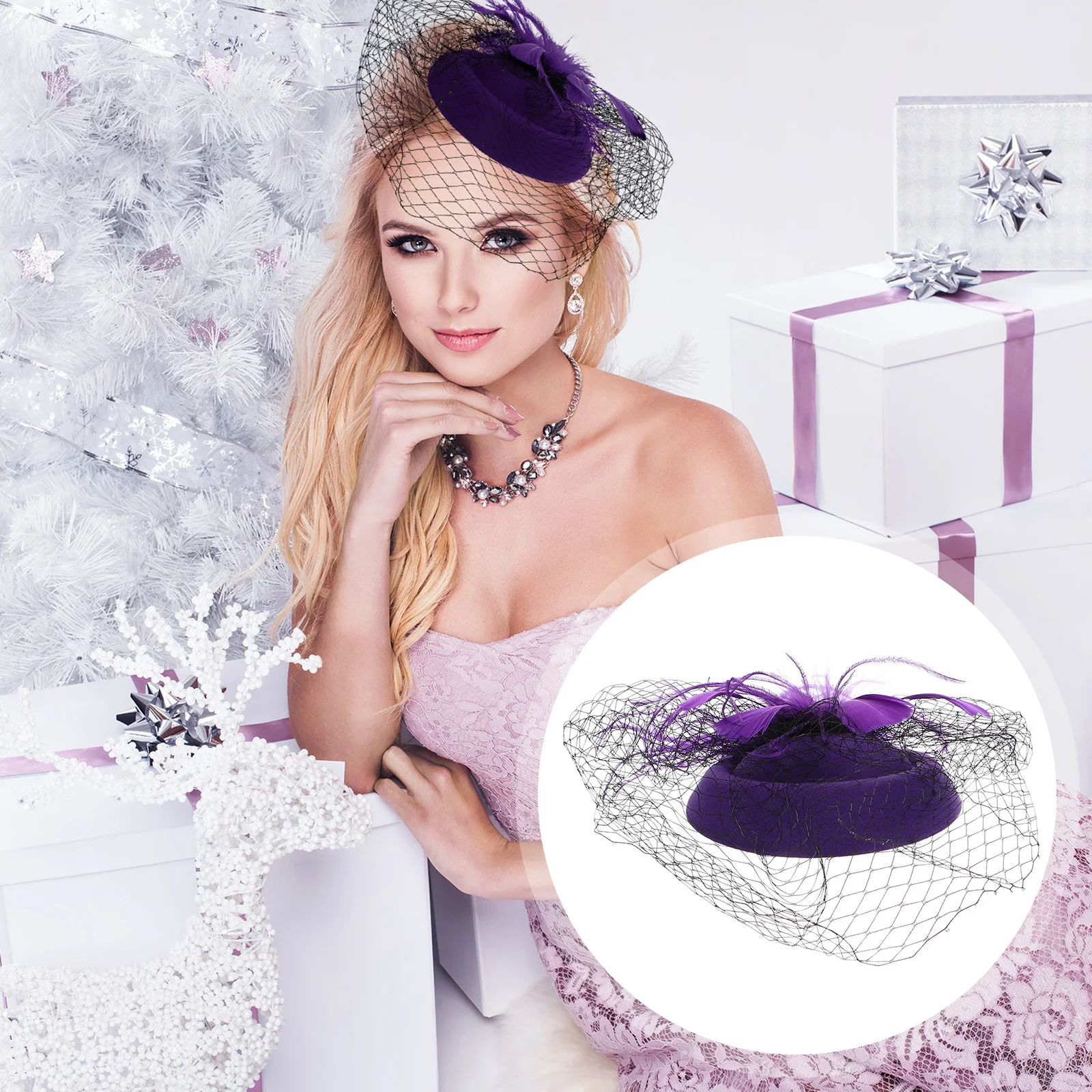 

Pillbox Hat Mesh Headb 20s Women Purple Wedding Party Headdress Stylish Veil Design Comfortable Glamour Photography Bridal