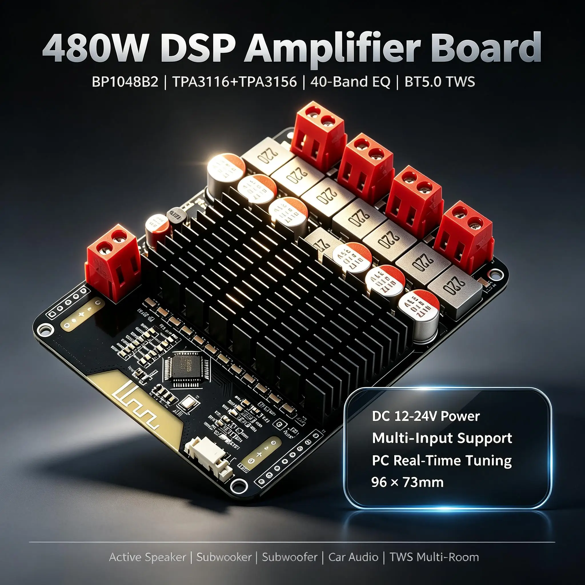 DYKB 480W DSP Amplifier Board TPA3116D2 TPA3156D2 40-Band EQ Type-C Tuning With Crossover Delay Anti-Clipping For DIY Subwoofer