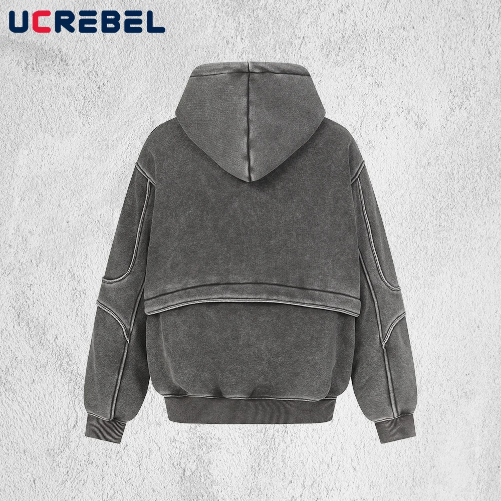 Front Pocket Spliced Hooded Sweatshirts Mens Autumn Winter Fleece Retro High Street Washed Distressed Long Sleeve Hoodies Man