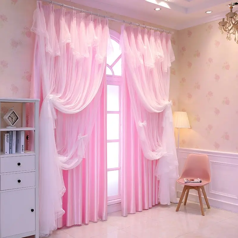 

New Nordic Solid Color Double-layer Curtain Princess Style Pink Lace Semi Shade Curtain for Bedroom Living Room
