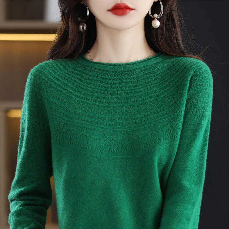 Autunno/inverno 100% lana monofilo pronto da indossare hollow pullover da donna arricciato o-collo maglione di cachemire lavorato a maglia tinta