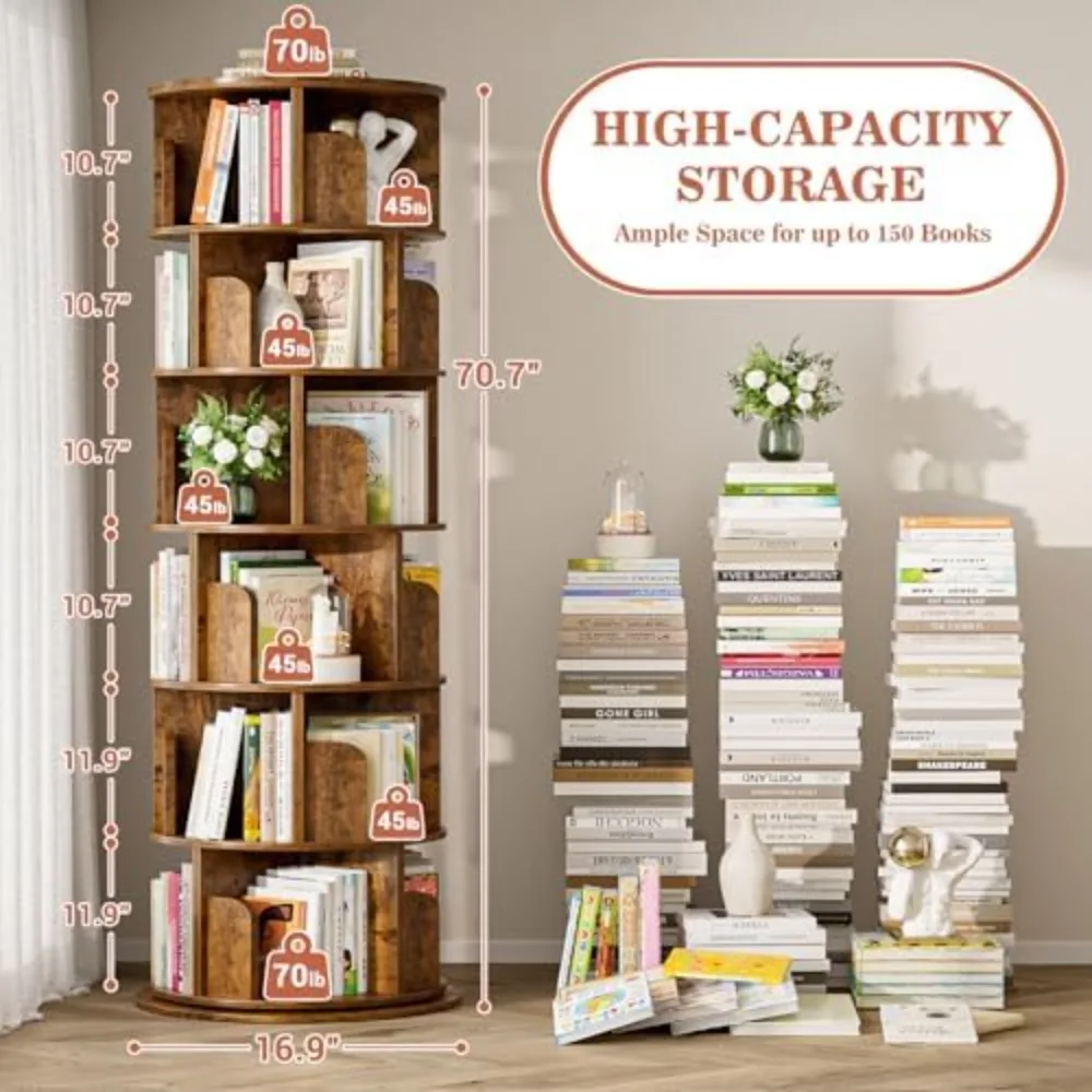 6 Tier Rotating Bookshelf, Wood Spinning Bookshelf Tower, Round Revolving 360 Bookcase, Narrow Turning Book Shelf