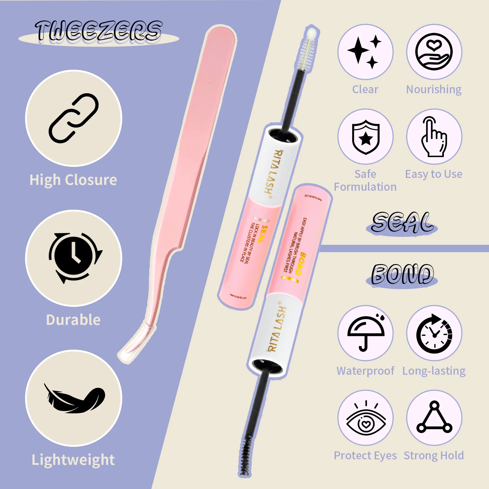 RITALASH Cluster Lash Kit D Curl Kit di estensione fai da te con legame di ciglia e sigillo pinzette per ciglia fai da te a casa