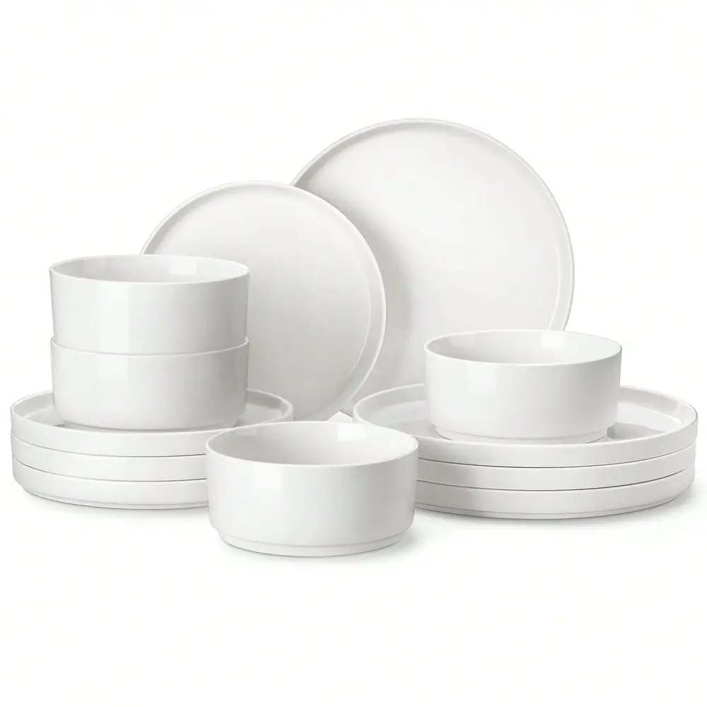 

12 Pcs Ceramic Dinnerware Set, White Porcelain, Dinner Plates, Dessert Plates And Bowls For 4 Person, Vertical Edge