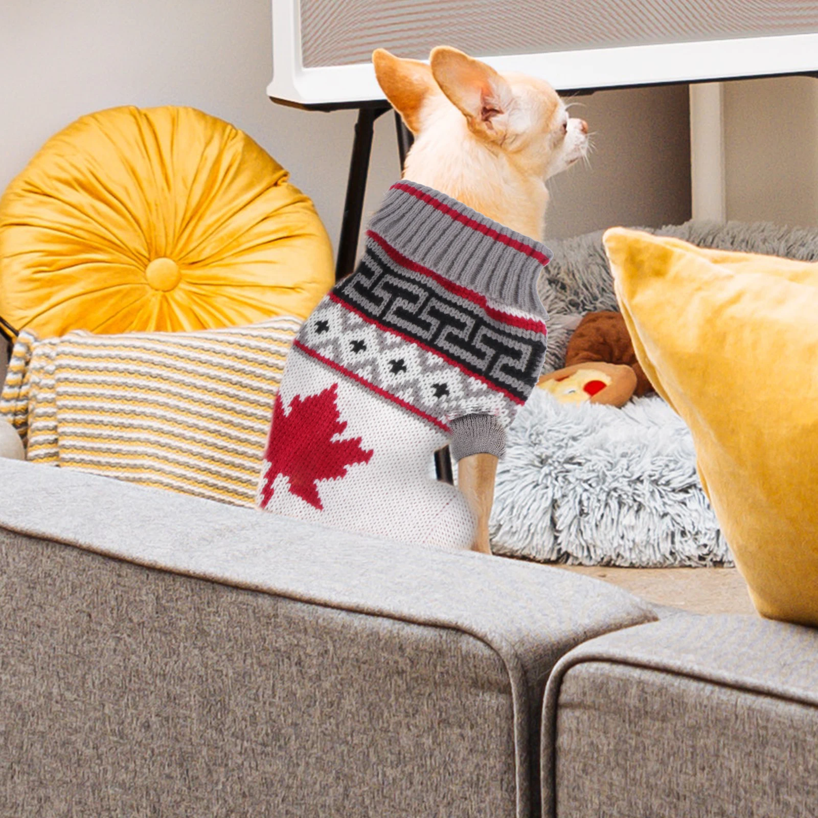 

Dog Sweater Winter Warm Pet Clothes Soft Durable Maple Leaves Pattern Thickened Puppy Costume Christmas Dog Clothes Small Size