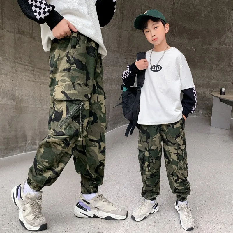 Boys Camouflage Jogging Pants Streetwear Cotton Cargo Trousers Harajuku Casual Joggers Spring Fall for Kids Clothes 6 to 14 Year