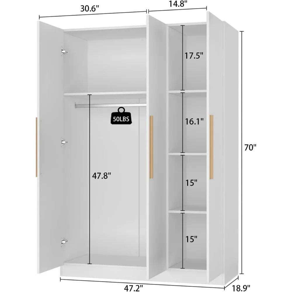 Wardrobe Armoire with 4-Tier Shelves, Hanging Rod and 3 Doors, Wooden Closet Storage Cabinet for Bedroom