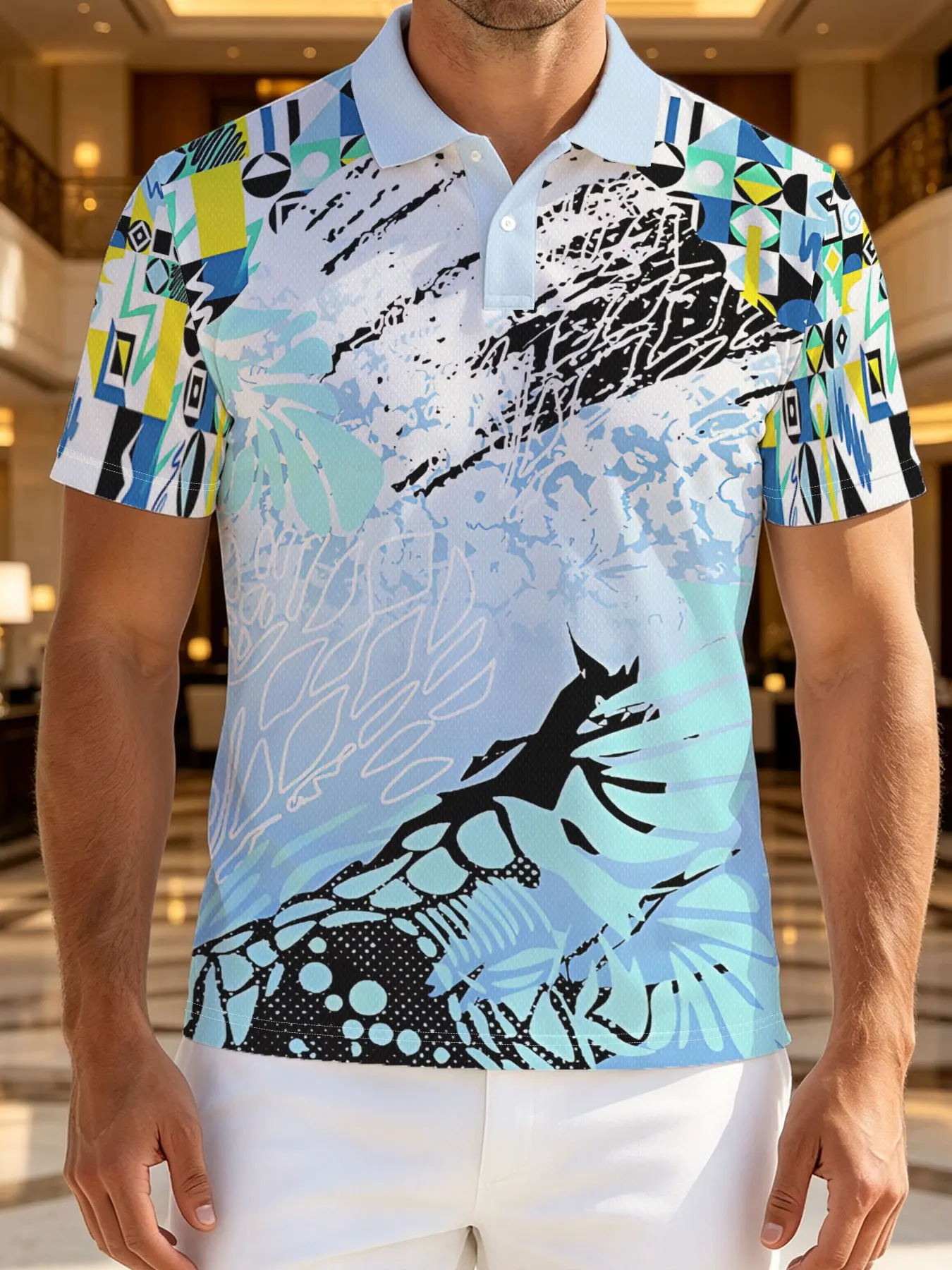 New men's short-sleeve polo shirt T-shirt, loose-fitting and tailored with printed patterns, versatile basic crew-neck top suita