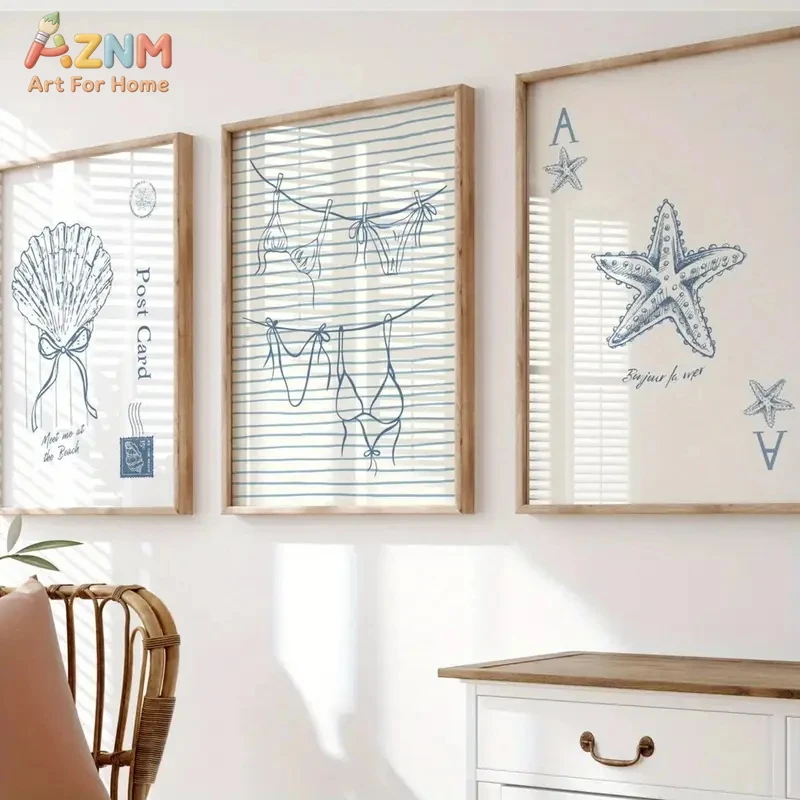 3PCS Coastal Beach Themed Canvas Wall Art Set Blue Starfish Seashell Bikini Prints Posters 