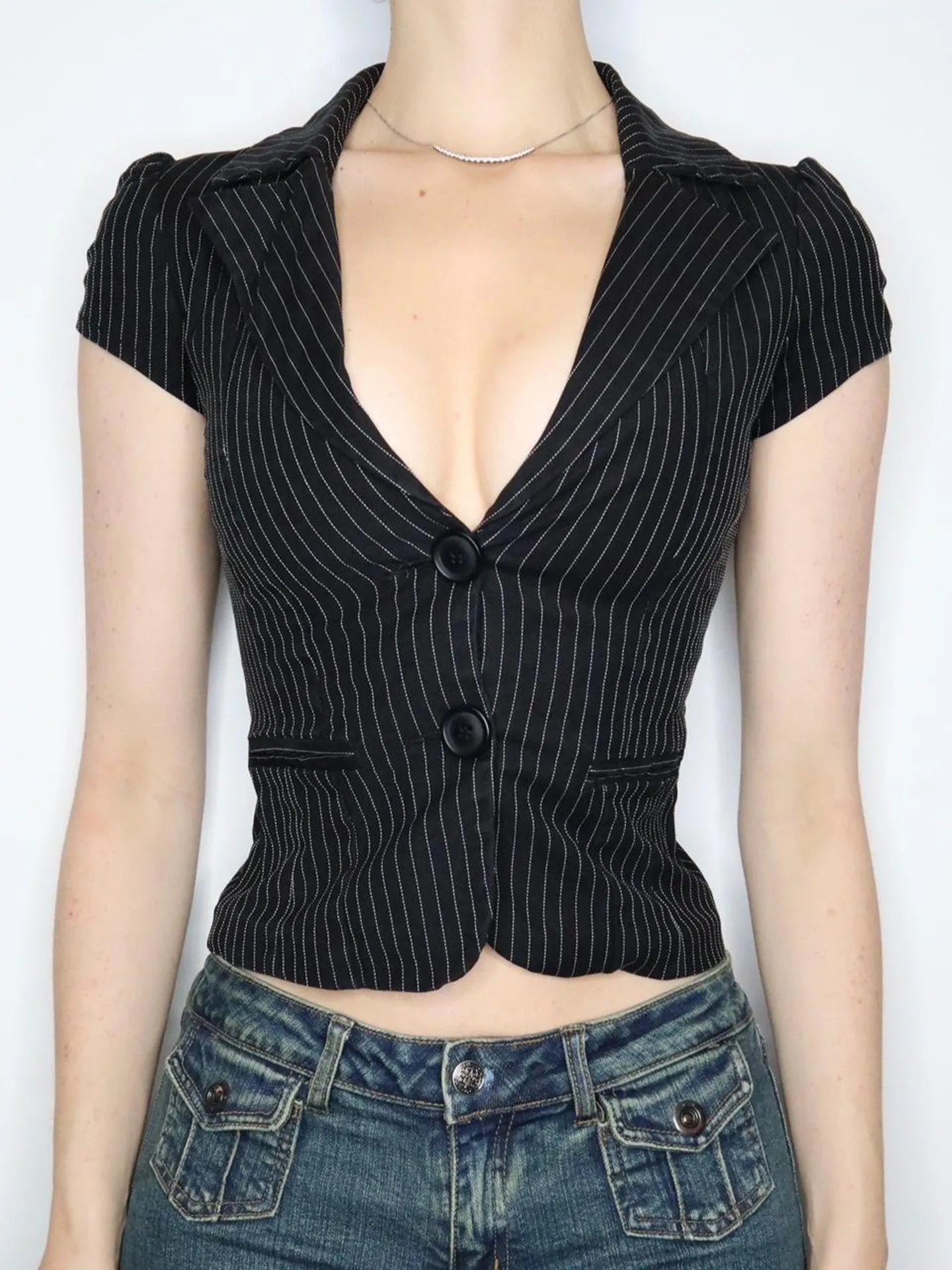 

WEEKEEP Smart Short Sleeve Shirt V-Neck Striped Casual Slim Fit Fashionable Street Style Polyester Blend Summer Top