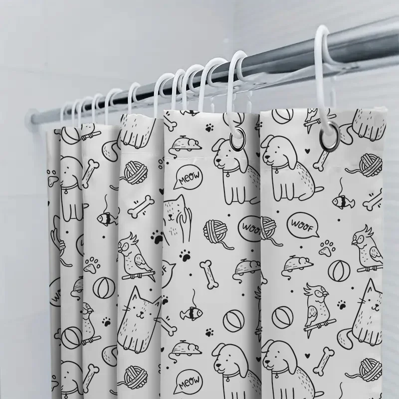 مجموعة ستائر الدش المطبوعة على شكل حيوانات باللون الأسود والأبيض على شكل كلب قطة ديكور الحمام لمستلزمات إعادة تشكيل المطبخ المنزلي سهلة التركيب وات #5