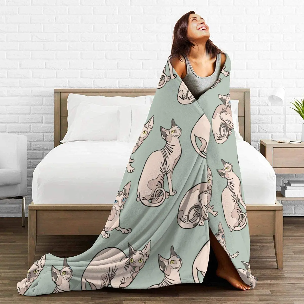 Hairless Naked Cats Sphynx Cats Mint Green Couch Blanket ,Fleece Throw Blanket Super Soft Warm  Plush Bed Couch Living Room