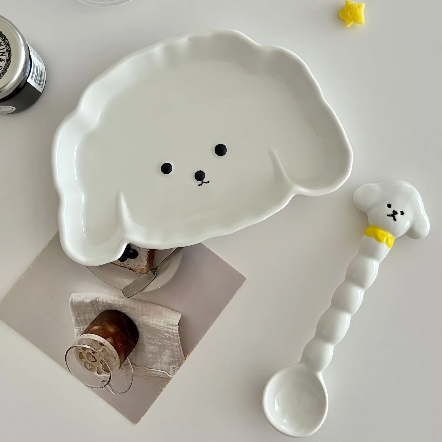 With Handle Pet Dish For Dormitory Noodle Korean Cute Dog Shaped Salad Bowl Spoon Set Ceramic Soup Bowl