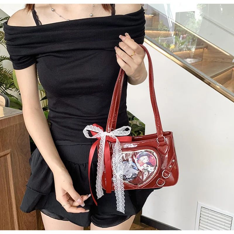 

Japanese Style Love Transparent Girls Ita Shoulder Bags JK PU Leather Women Small Handbag Belt Badge Display Female Underarm Bag