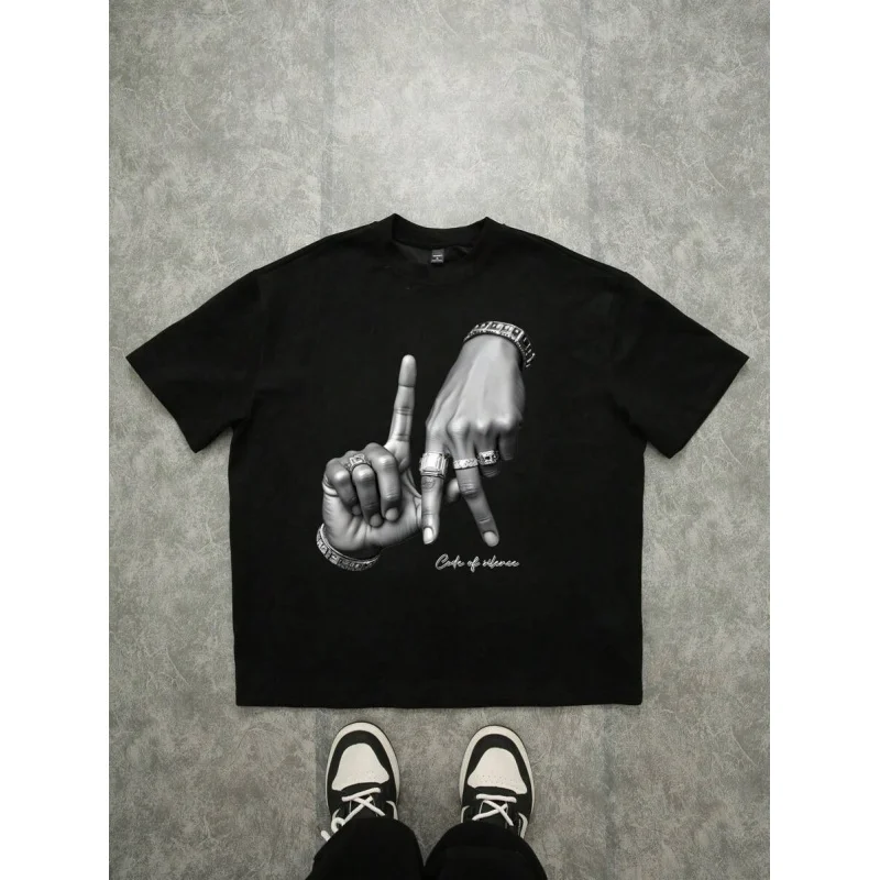 

Los Angeles LA Hand Gesture Logo Print Street Style Black Drop Shoulder T-Shirt For Men