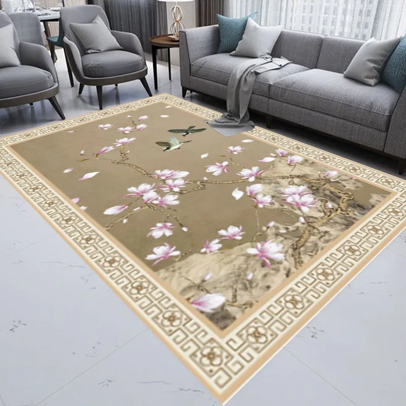 

Reese Velvet Fleece Living Room Carpet Bedroom Large Rugs Parlor Sofa Traditional Chinese Peach Blossom Bird Homing Floor Mat