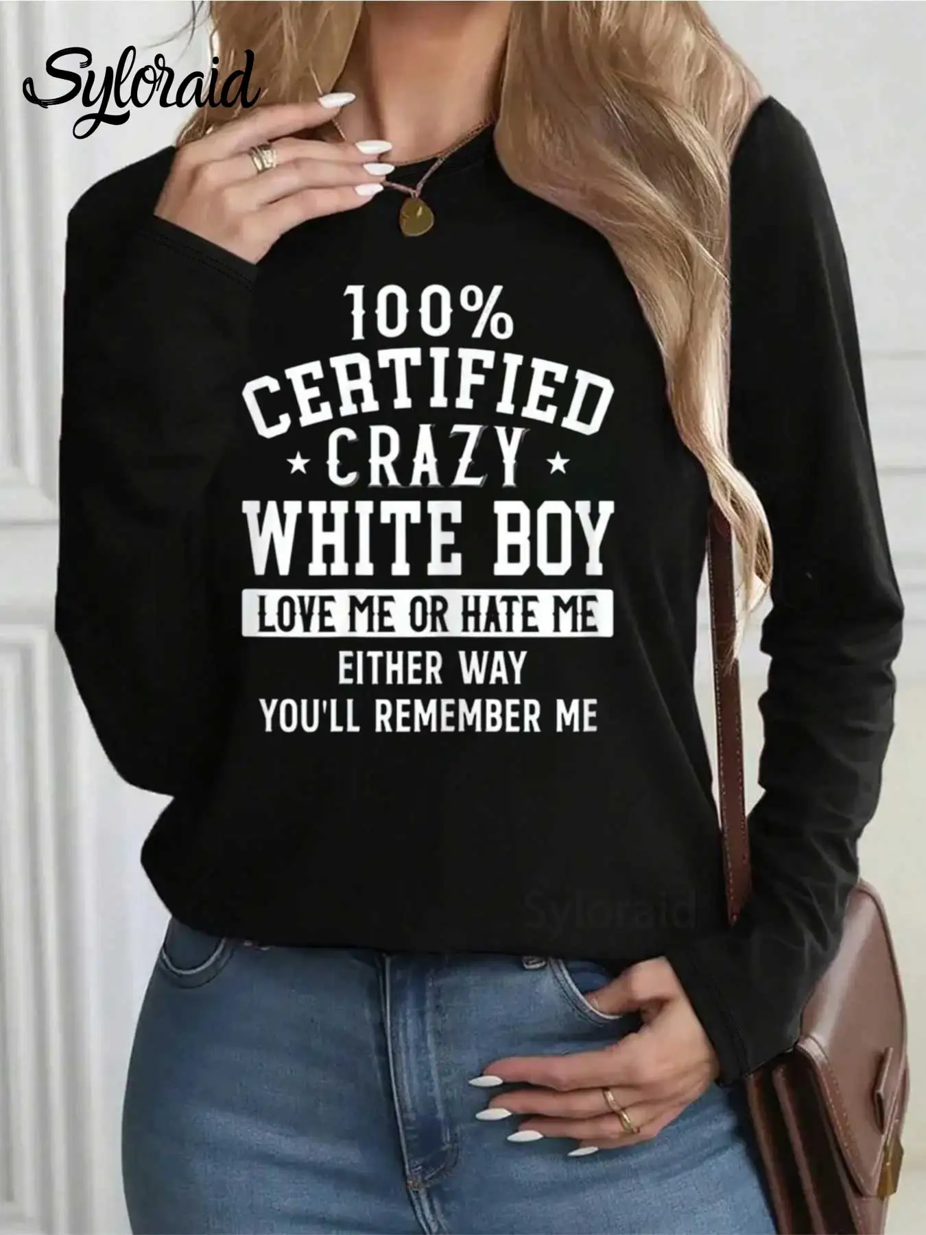 レディース長袖Tシャツ認定クレイジーホワイトボーイTシャツラブミーアオルヘイトミーシャツファッションラウンドネックカジュアルトップ
