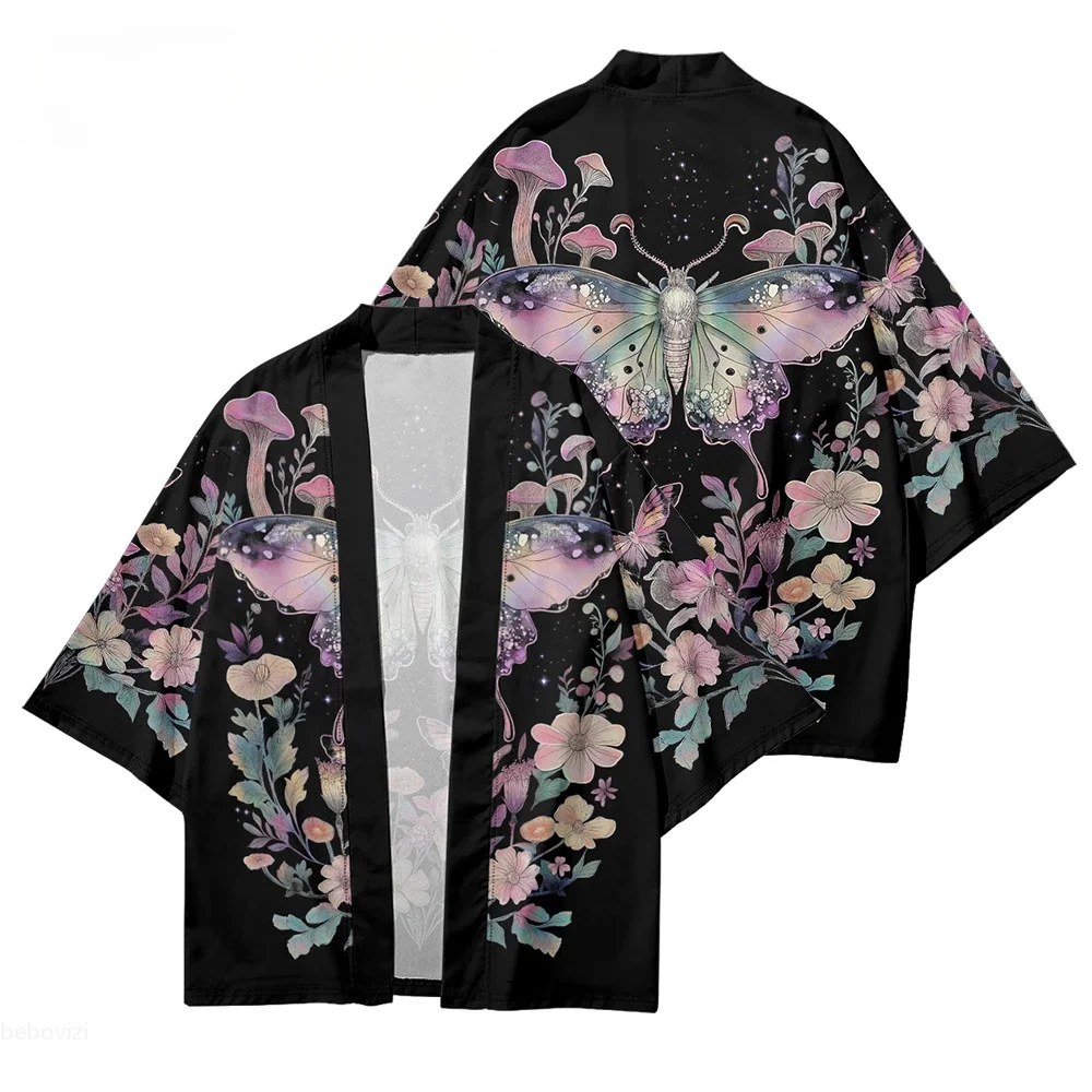 فراشة زهرة طباعة يوكاتا 2025 موضة اليابانية سترة هاوري للجنسين التقليدية تأثيري قميص كيمونو الشاطئ #2