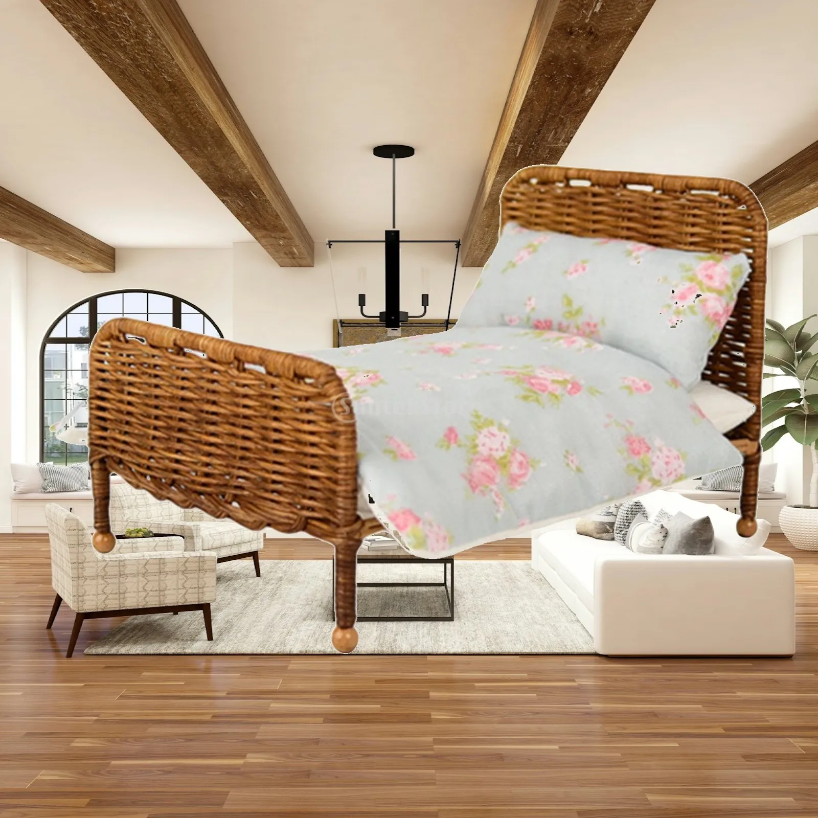 

Dollhouse Ratten Bed Dollhouse Furniture 1/6 Dollhouse Decoration Mini Bed Model for Photography Props Mini House Decoration