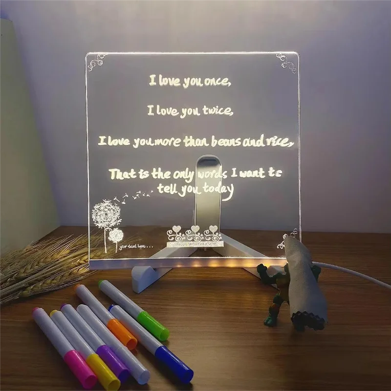 Qy-Light Up لوحة رسائل أكريليك قابلة لإعادة الكتابة لتقوم بها بنفسك لوحة رسم متوهجة للأطفال مصباح رسالة مع 7 أقلام ملونة 15*15 سنتيمتر