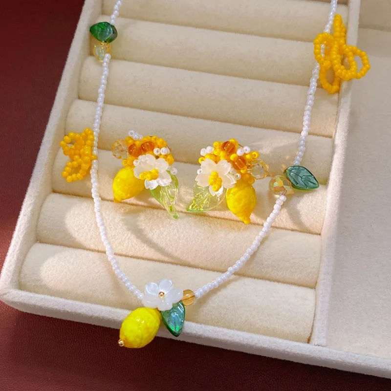 

Lemon Beaded Flower Necklace & Earrings Set, Summer Fresh Forest Style Versatile Jewelry for Women