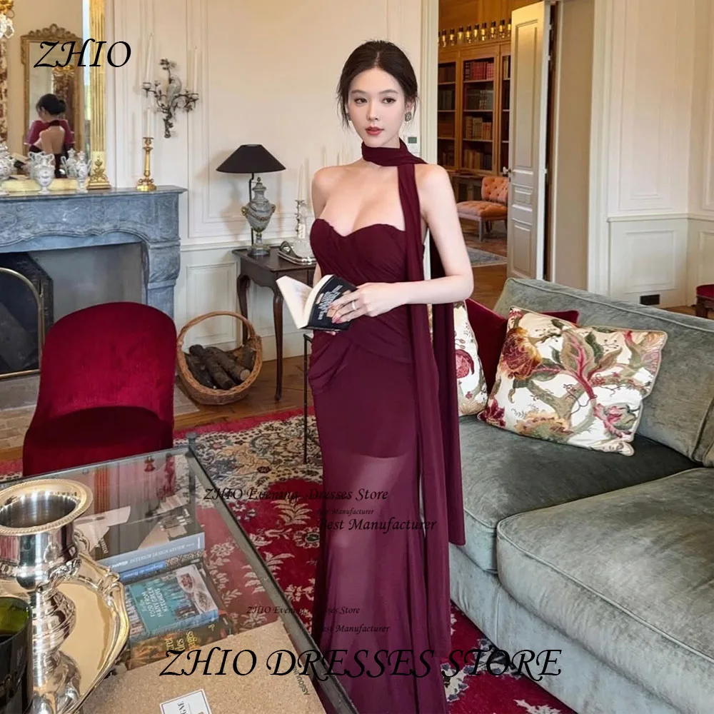 

ZHIO Wine Red Chiffon Evening Gown Illusion Tulle Pleats A Line Party Dress with Scarf Sweetheart Prom Gown for Women Customized