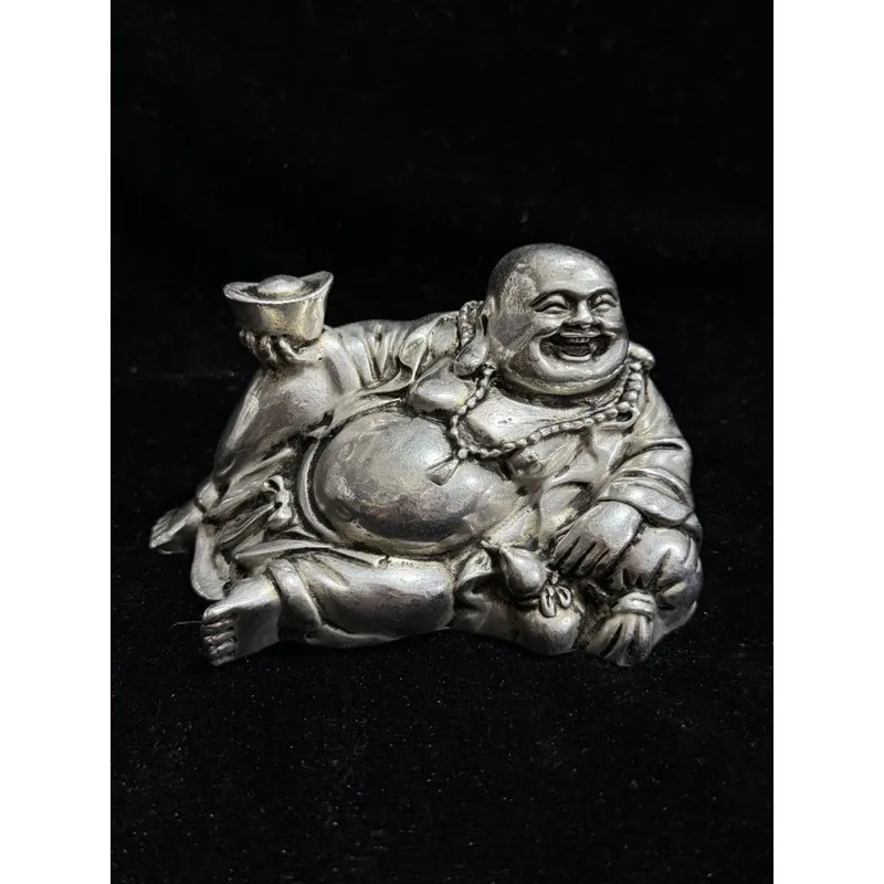 Antique-style alloy silver-plated Maitreya Buddha figurine, reclining Buddha, smiling Buddha, welcoming guests from all directio