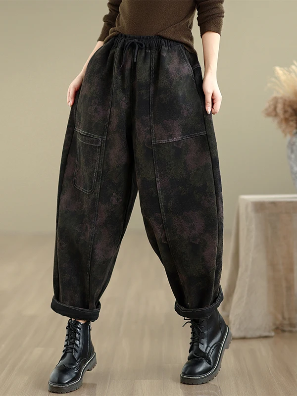 

Ретро-джинсы с художественным принтом, на флисовой подкладке, с эластичным поясом, утепленные, больших размеров, с высокой талией, утягивающие, повседневные, фасона «морковки», для осени и зимы