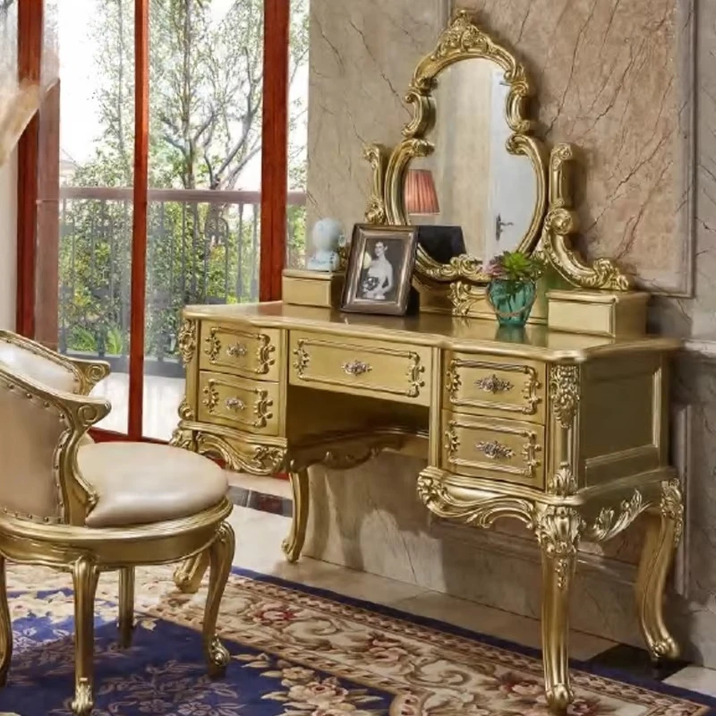 Hand Carved European Solid Wood Gold Leaf Vanity Dressing Table With Mirror And Stool For Elegant Master Suite