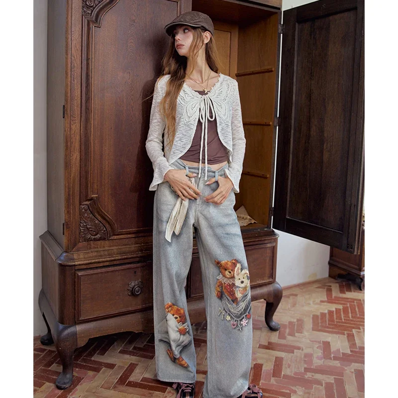 ELFSACK Women's Long Sleeve Knit Cardigan with Butterfly Embroidery, White Tie Front Crop Top, Elegant Casual Lace Trim Top
