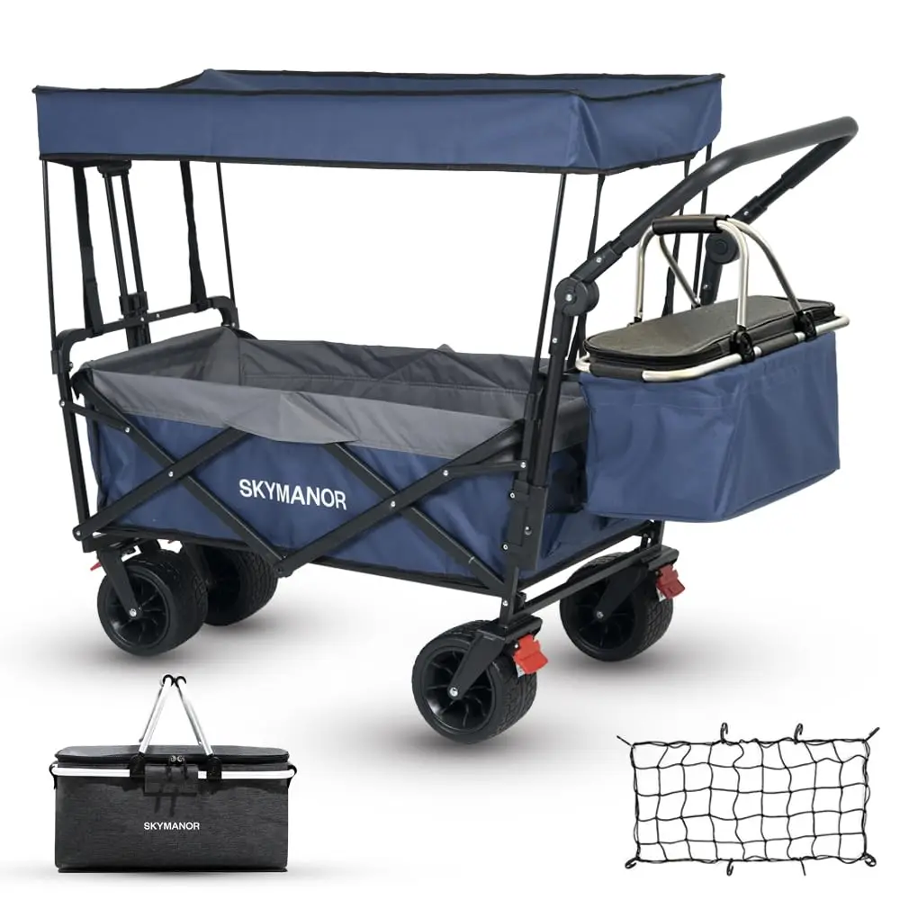 

Collapsible Wagon With Removable Canopy, 3-In-1 Heavy Duty Garden Cart With Big All-Terrain Wheels, Brakes, Adjustable Push