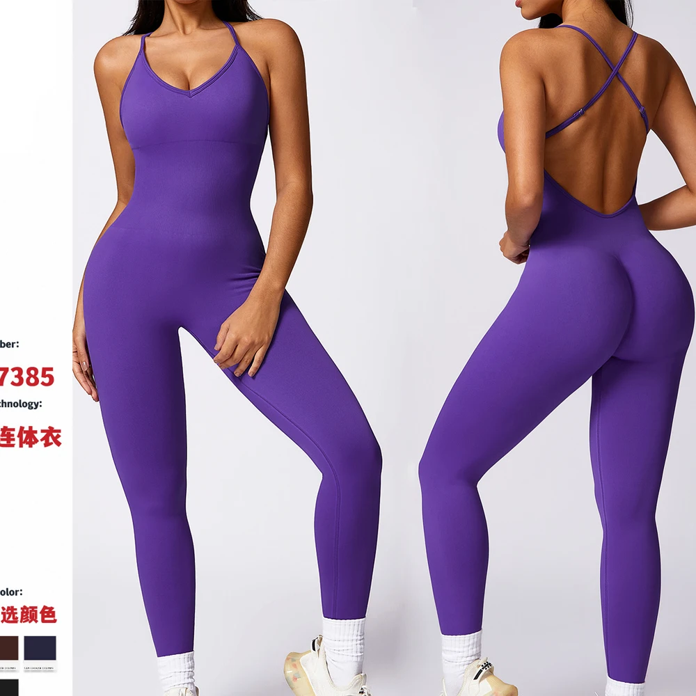 

New Hollow Back Seamless Jumpsuit with High Elasticity and Chest Cushion Yoga Suit Gym Set Workout Clothes for Women