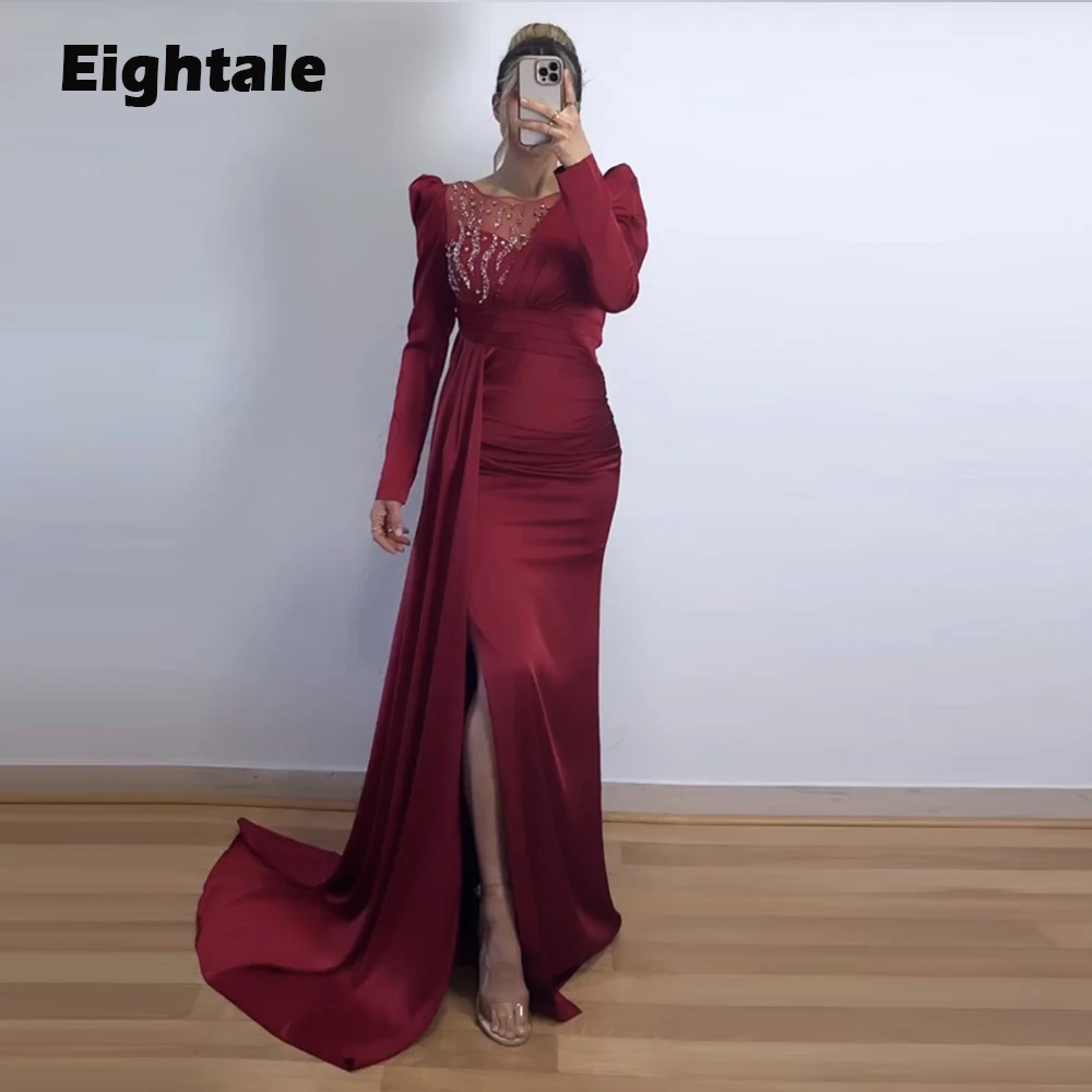 

Eightale Dark Red Prom Dresses for Wedding Satin Arabic Evening Gown Long Sleeves Beaded Mermaid Party Dress robes de soirée