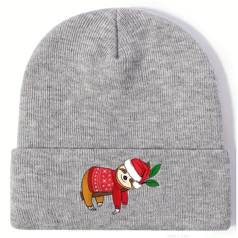 Christmas Sloth Print Beanie Hat Unisex Soft Warm Knit Hat for Autumn Winter Daily Wear