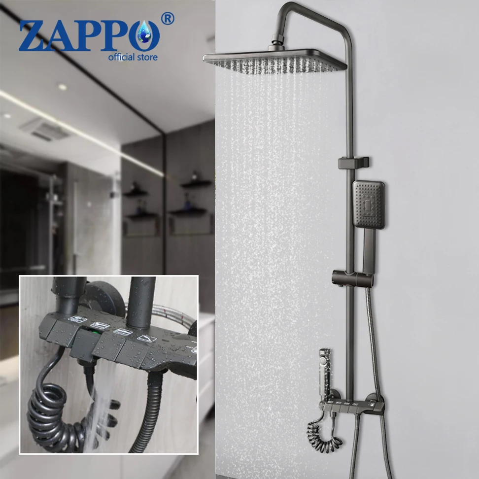 ZAPPO Grey Shower System Bathroom Shower Set 4 Function Shower Fixture with Rainfall Shower Head Handheld Spray Tub Faucet