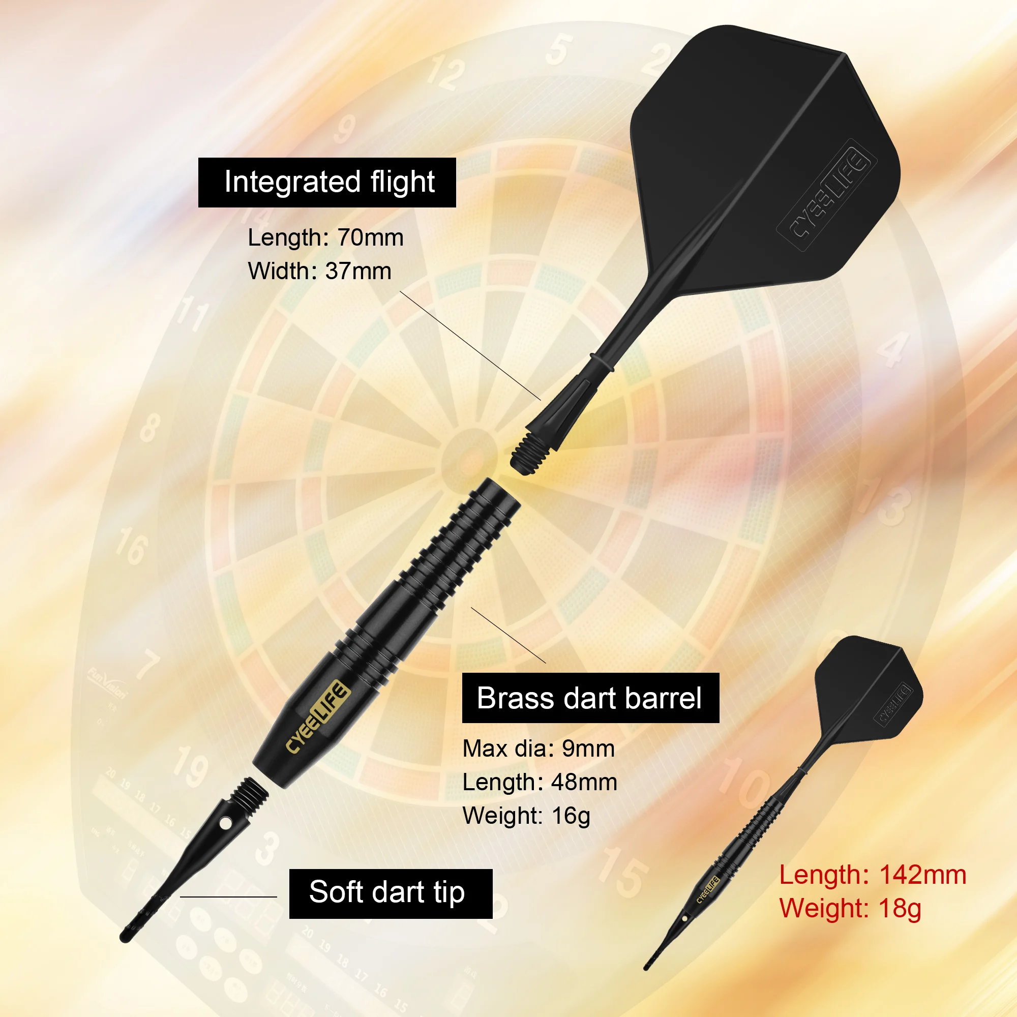 CyeeLife Brass Soft Tip Darts 16g With Carry Case and Extra Plastic Points & Flights,Professional Electronic Dart set