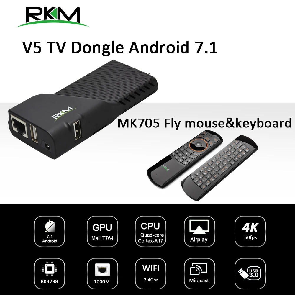 

Android7.1 TV Box RKM V5 Mini PC RK3288 4K Quad Core H.265 Digital signage media player with MK705 Fly mouse V5+MK705